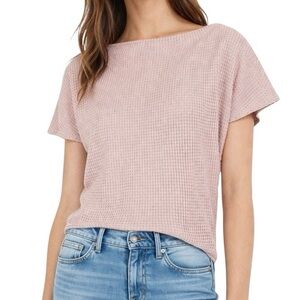 Express Blush Pink Thermal Waffle Knit Bateau Boatneck Short Rolled Sleeve Top